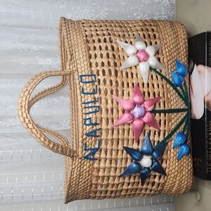 Vintage Straw Rattan Souvenir Retro Hand Woven Embroidered Beach Tote 'Acapulco'